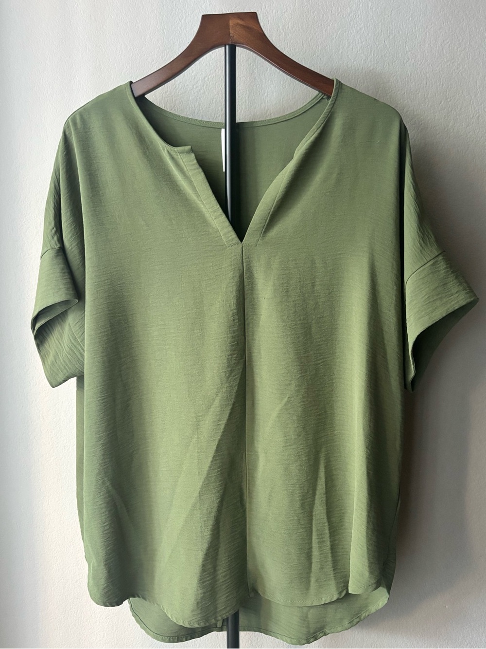 Zenana Outfitters Olive Green Split V-Neck Short Sleeve Top